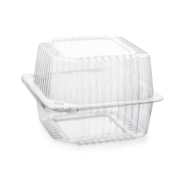 A clear square plastic to-go container