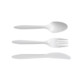 An image of a plastic utensil spoon, fa ork and a knife for foodservice disposables