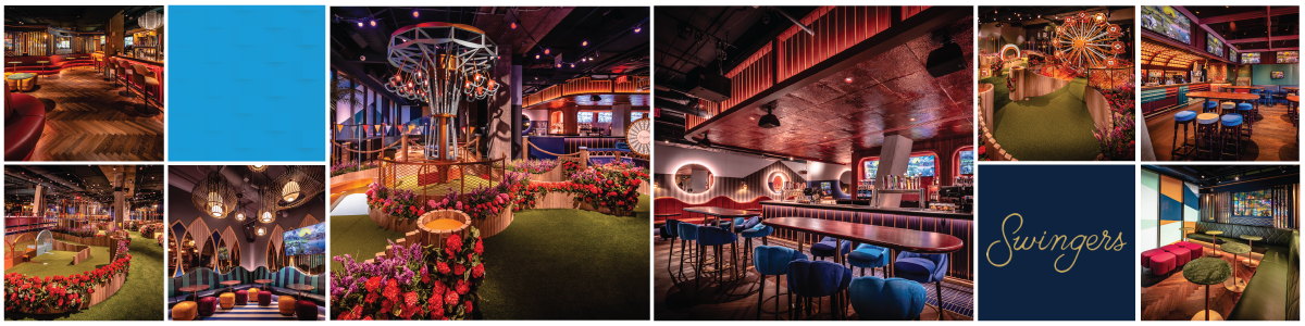 A collage of Navy Yard miniature golf interior images with bars, dining and mini golf courses with various obstacle fixtures