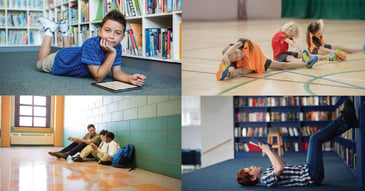 Four images containing a student reading books on carpeted floors, a teacher and two kids on school hallway floor, four kids on gym floor excercising