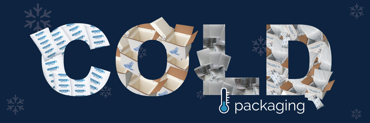 Letter cold with various cold packaging materials incorporated with cold temperature icon and word packaging at the bottom
