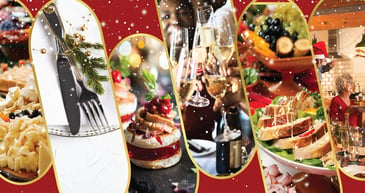 various holiday catering images in a capsule form over red background with snow flakes on top for foodservice catering