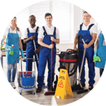 A group of cleaning service staff with cleaning equipment