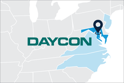 US Map showing Daycon's locations in MD, VA, NC and NJ with Daycon color logo in the center