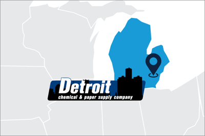 A US map with MI in blue with location of Detroit Chemical marked with legend