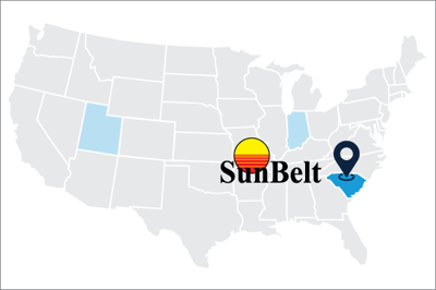 A map showing SunBelt Packaging locations in SC, UT and IN with la legend on SC as HQ