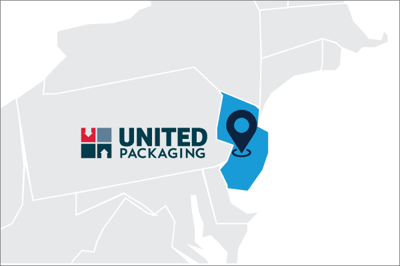 A part of a map showing New Jersey with location mark and United Packaging logo showing