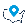 An US map icon with light blue location legend in the center presenting national coverage