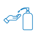 An icon of a hand pumping sanitizer outlined in blue