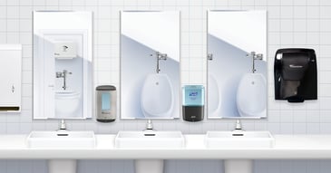 Touch free restroom equipment including soap and towel dispensers