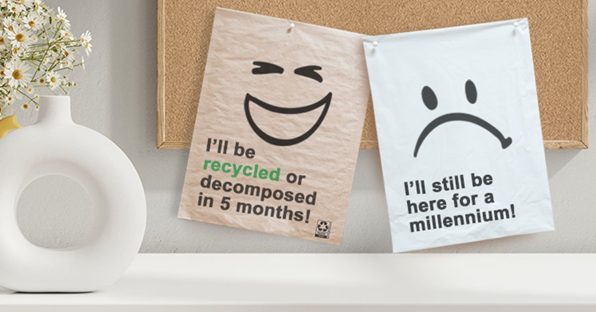 mailers pinned to the cork board with recyclability statements