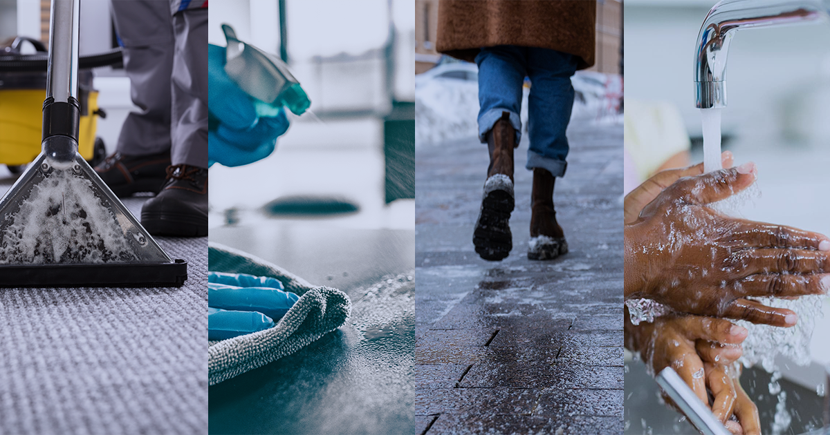 An image collage of facility winter readiness, floorcare vacuuming, surface disinfecting, ice melting and hand hygiene