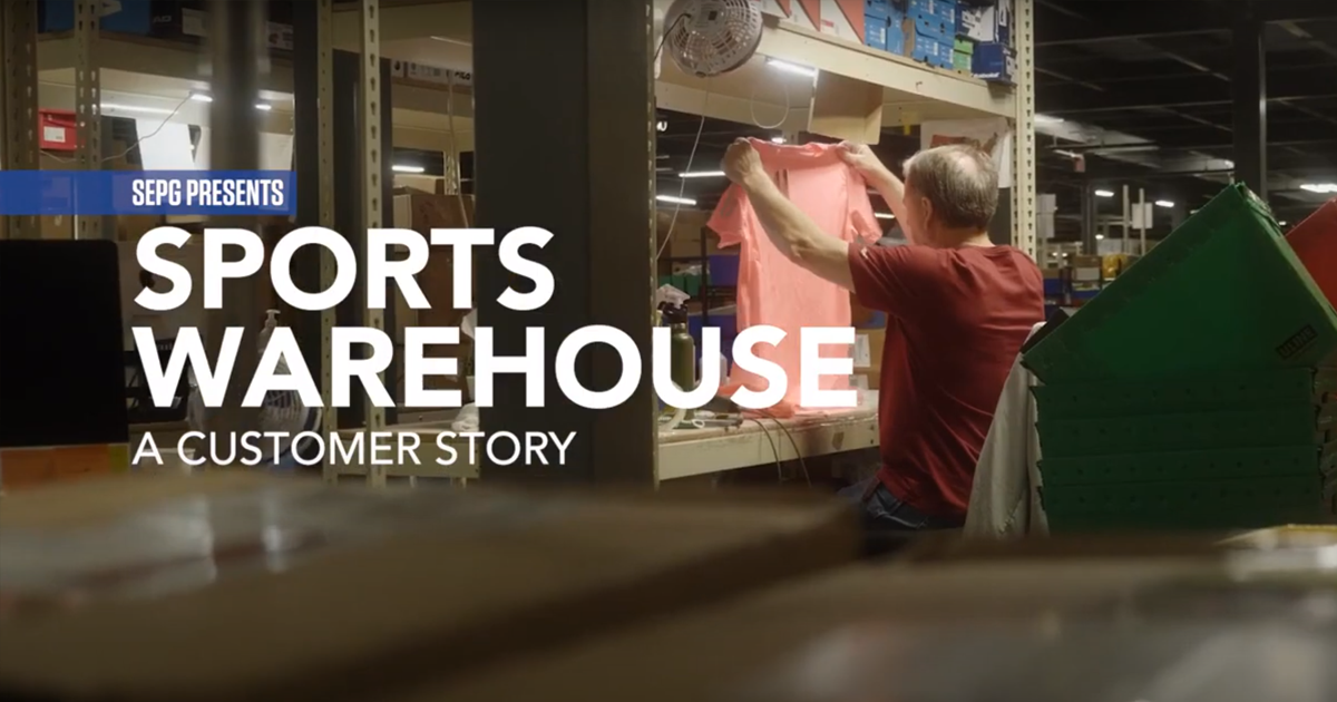 A warehouse worker inspecting sport shirt with sports warehouse customer story in text